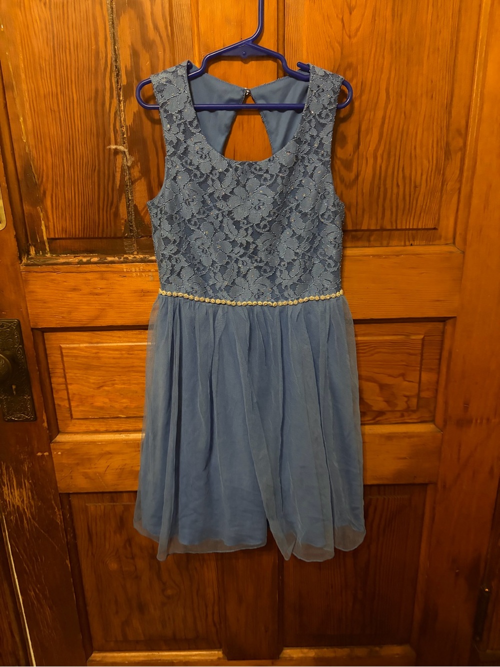 Blue Lace & Tulle Pearl-Trim Girls Formal Dress